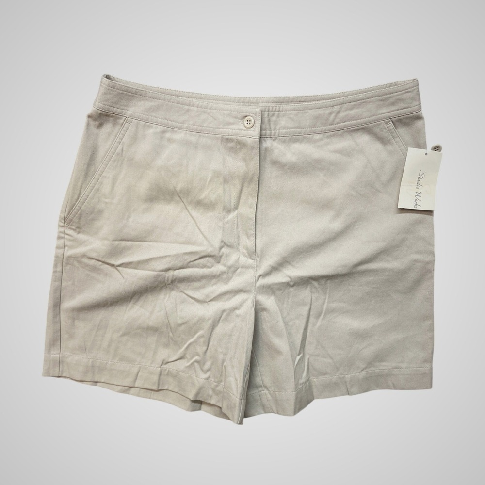 Studio Works Womens Khaki Chino Shorts Tan Cotton Blend Size 16 Regular Fit 7in‎